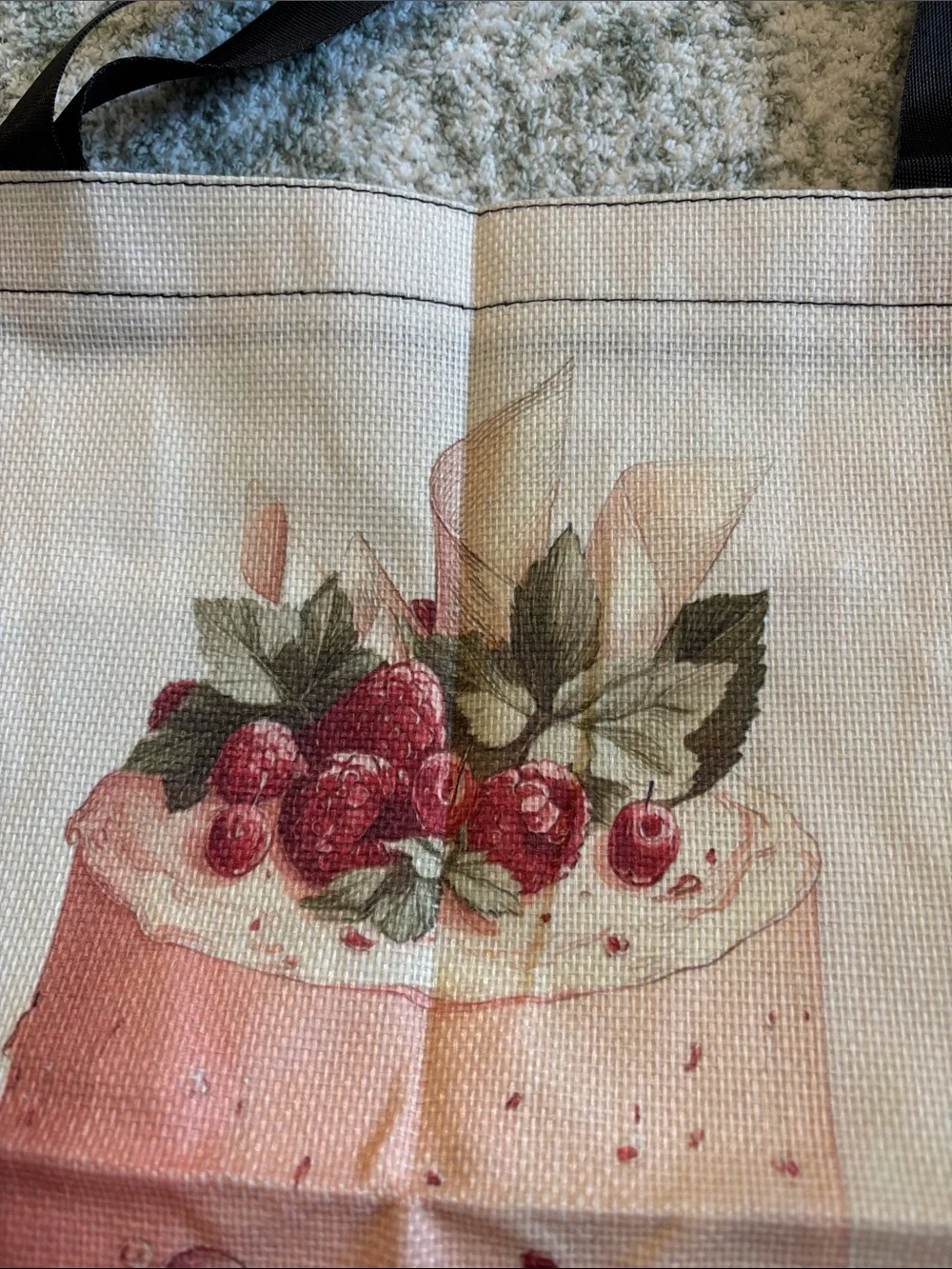 Pink Raspberry Cake Poly Canvas Tote Bag with Black Straps NWT 13.50x15.75”